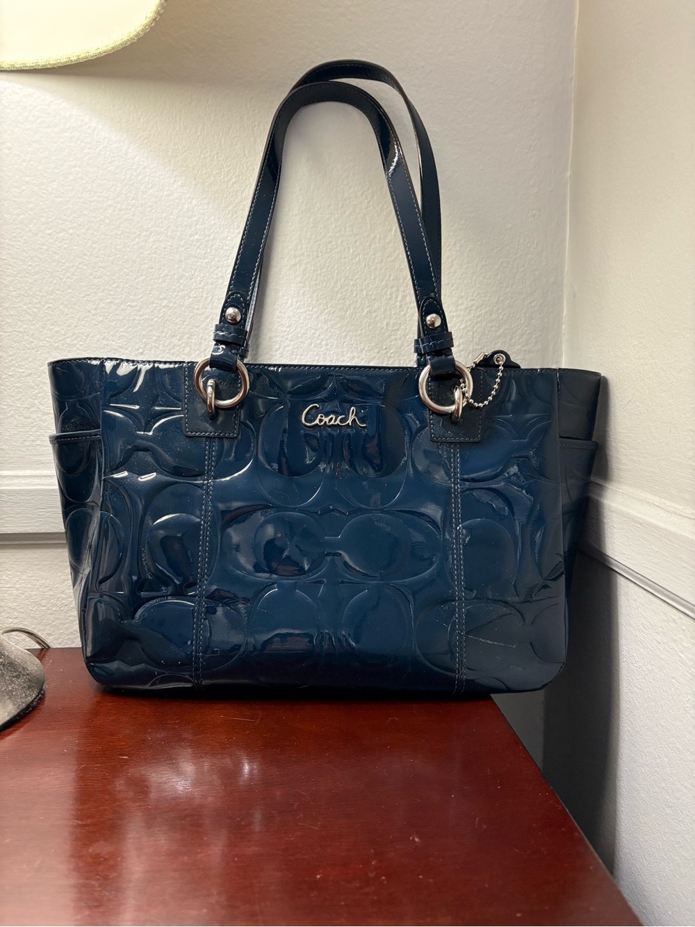 Coach Glossy Patent Signature Tote in Deep Teal